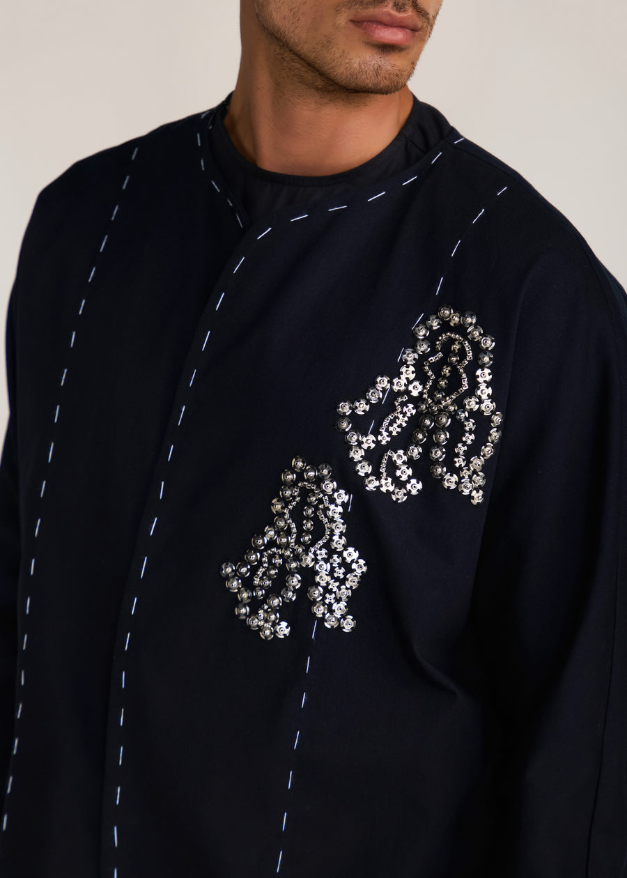 ROSANI The Cohors shacket in black - black cotton shacket with metallic botanical embroidery, craft detail