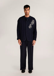 ROSANI The Cohors shacket in black - black cotton shacket with metallic botanical embroidery, front view