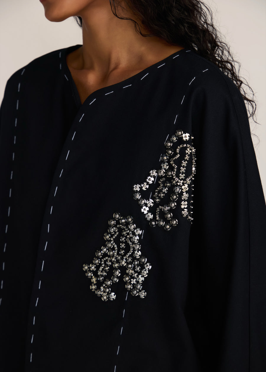 ROSANI The Cohors shacket in black - black cotton shacket with metallic botanical embroidery, craft detail