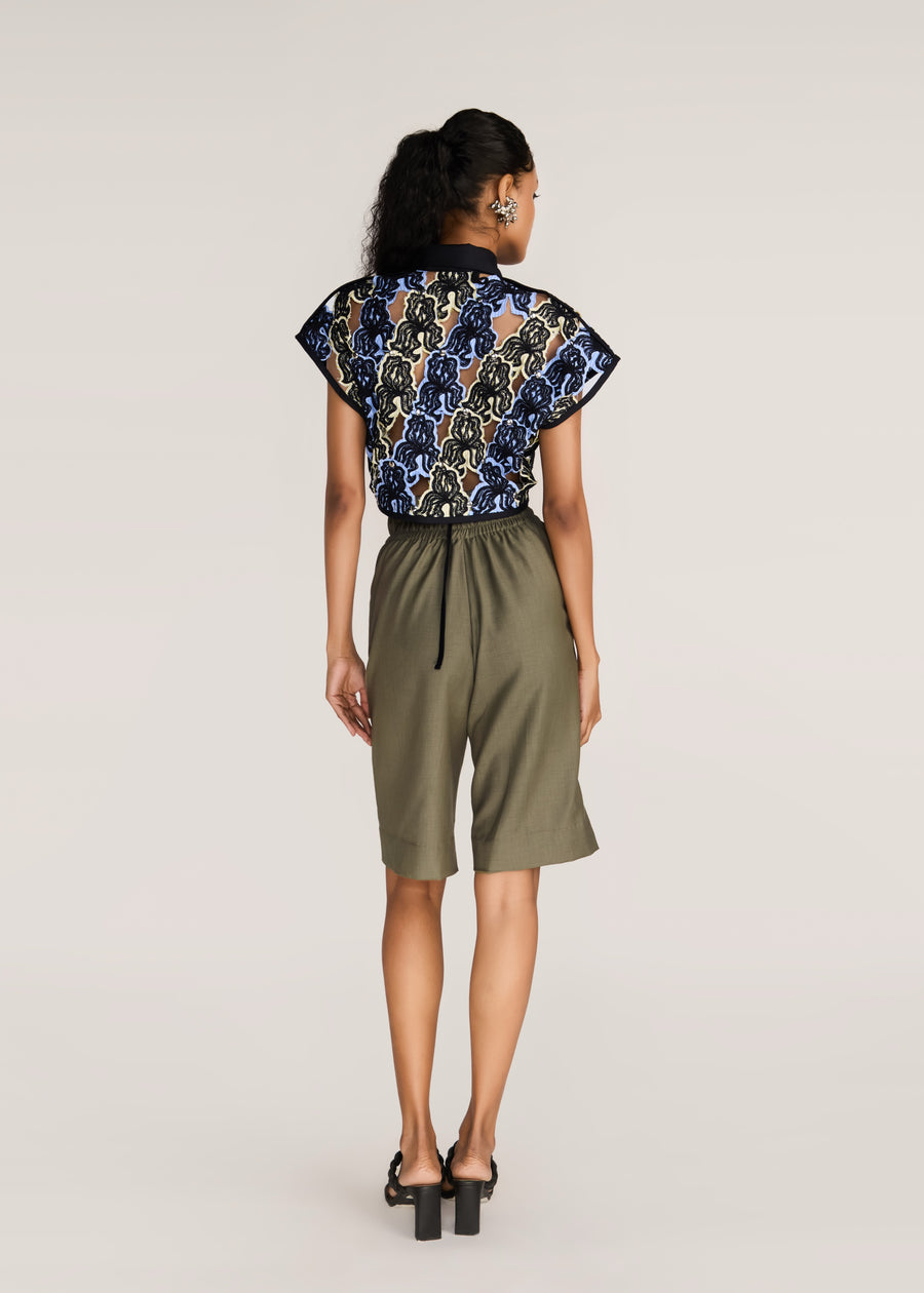 ROSANI The Compages top in multicolor - multicolor embroidered cutwork crop top with black panel finish, back view