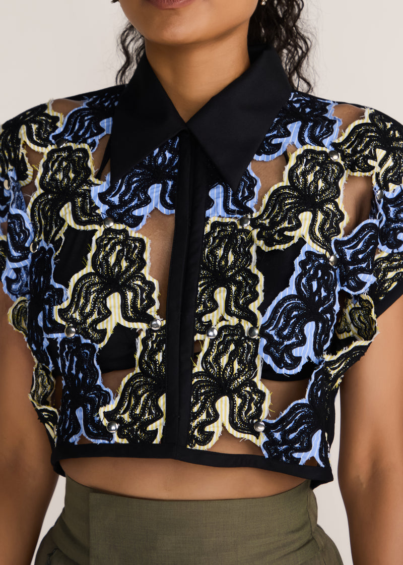 ROSANI The Compages top in multicolor - multicolor embroidered cutwork crop top with black panel finish, craft detail