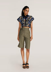 ROSANI The Compages top in multicolor - multicolor embroidered cutwork crop top with black panel finish, front view