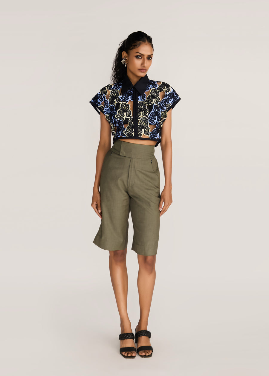 ROSANI The Compages top in multicolor - multicolor embroidered cutwork crop top with black panel finish, front view