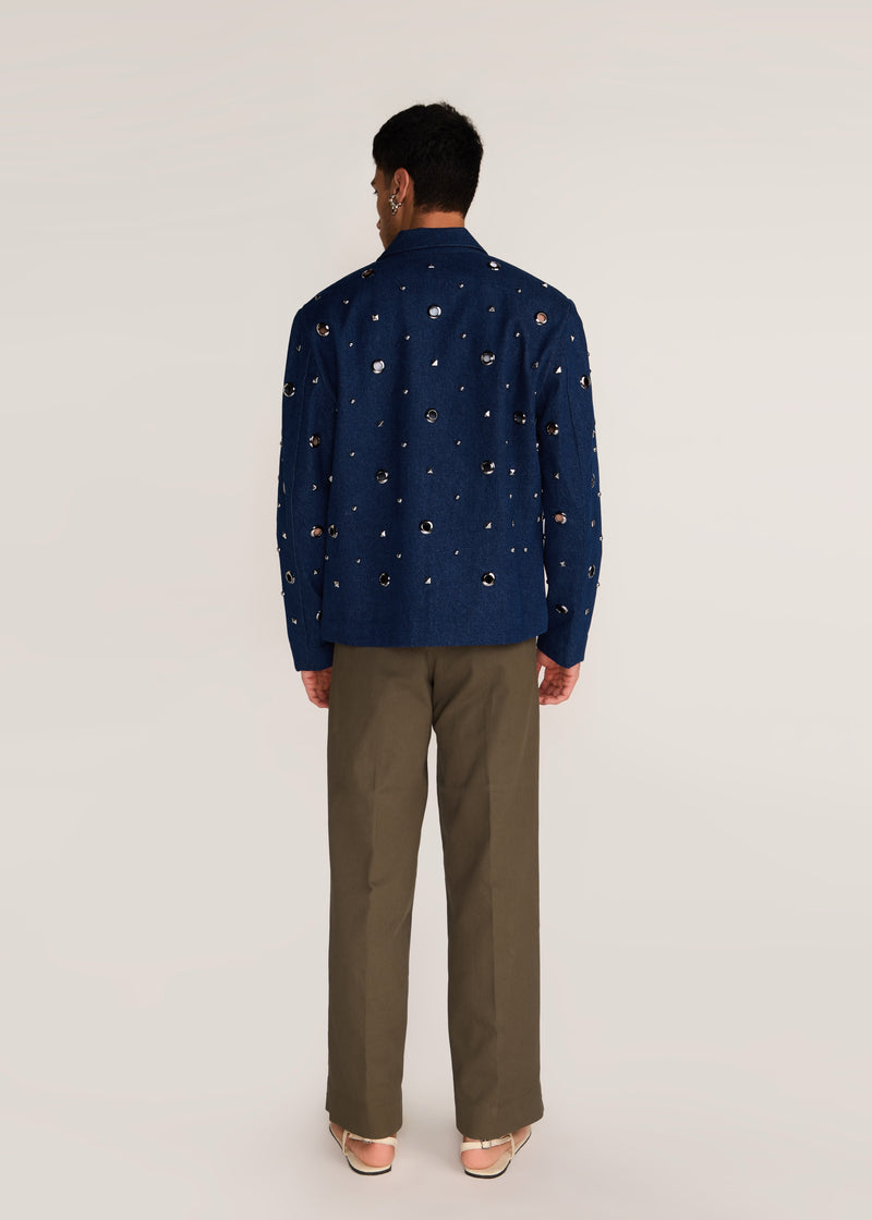 ROSANI The Concordia jacket in midnight denim - midnight denim eyelet jacket, back view