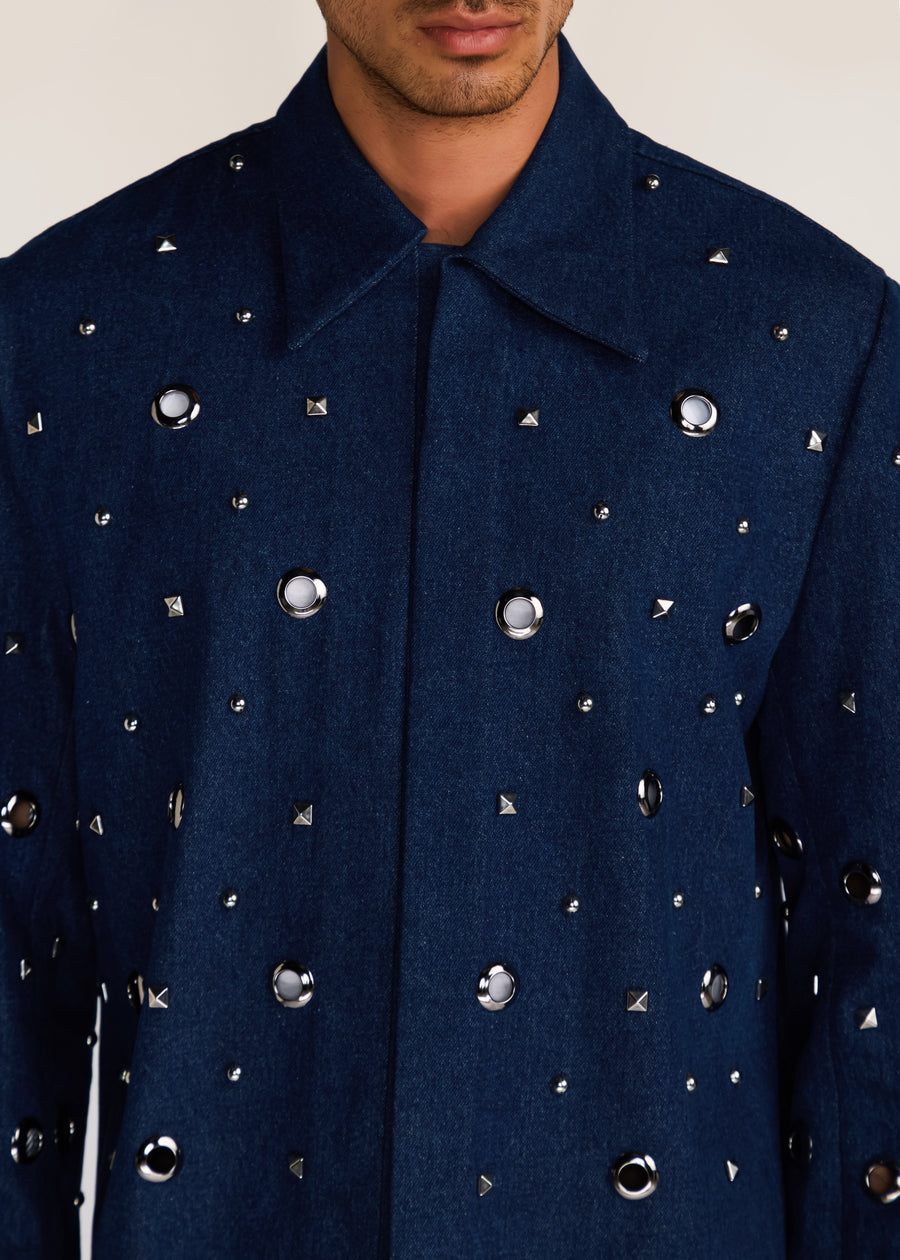 ROSANI The Concordia jacket in midnight denim - midnight denim eyelet jacket, craft detail