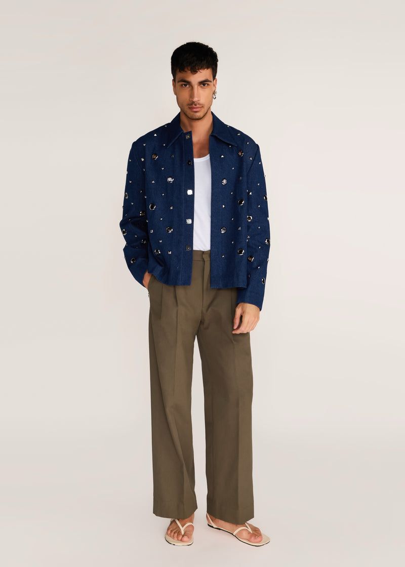 ROSANI The Concordia jacket in midnight denim - midnight denim eyelet jacket, front view