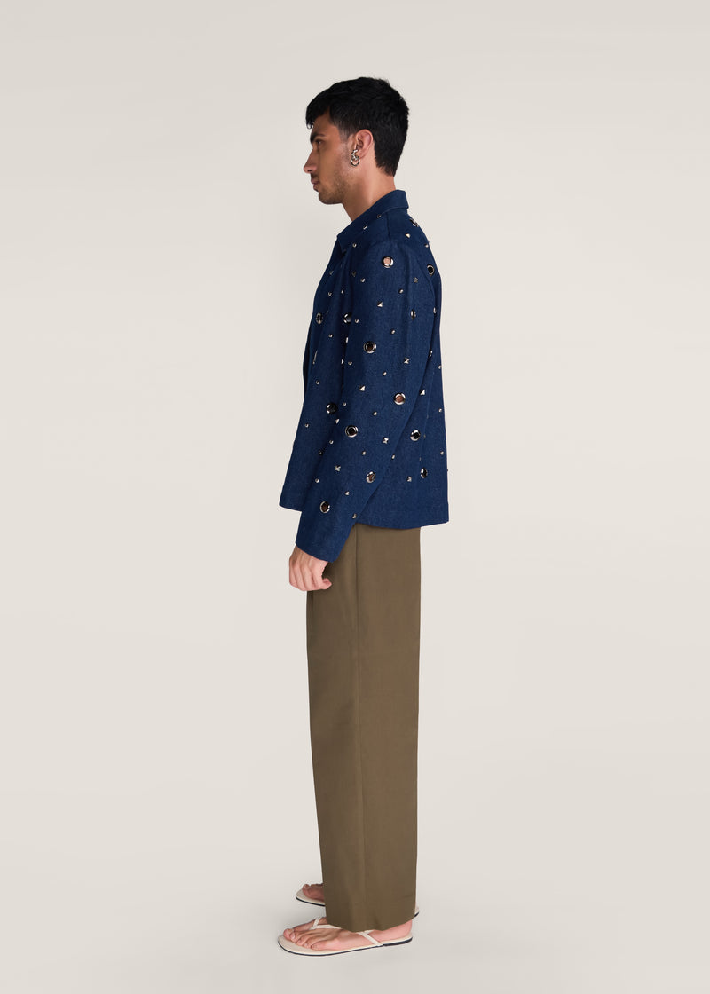 ROSANI The Concordia jacket in midnight denim - midnight denim eyelet jacket, side view