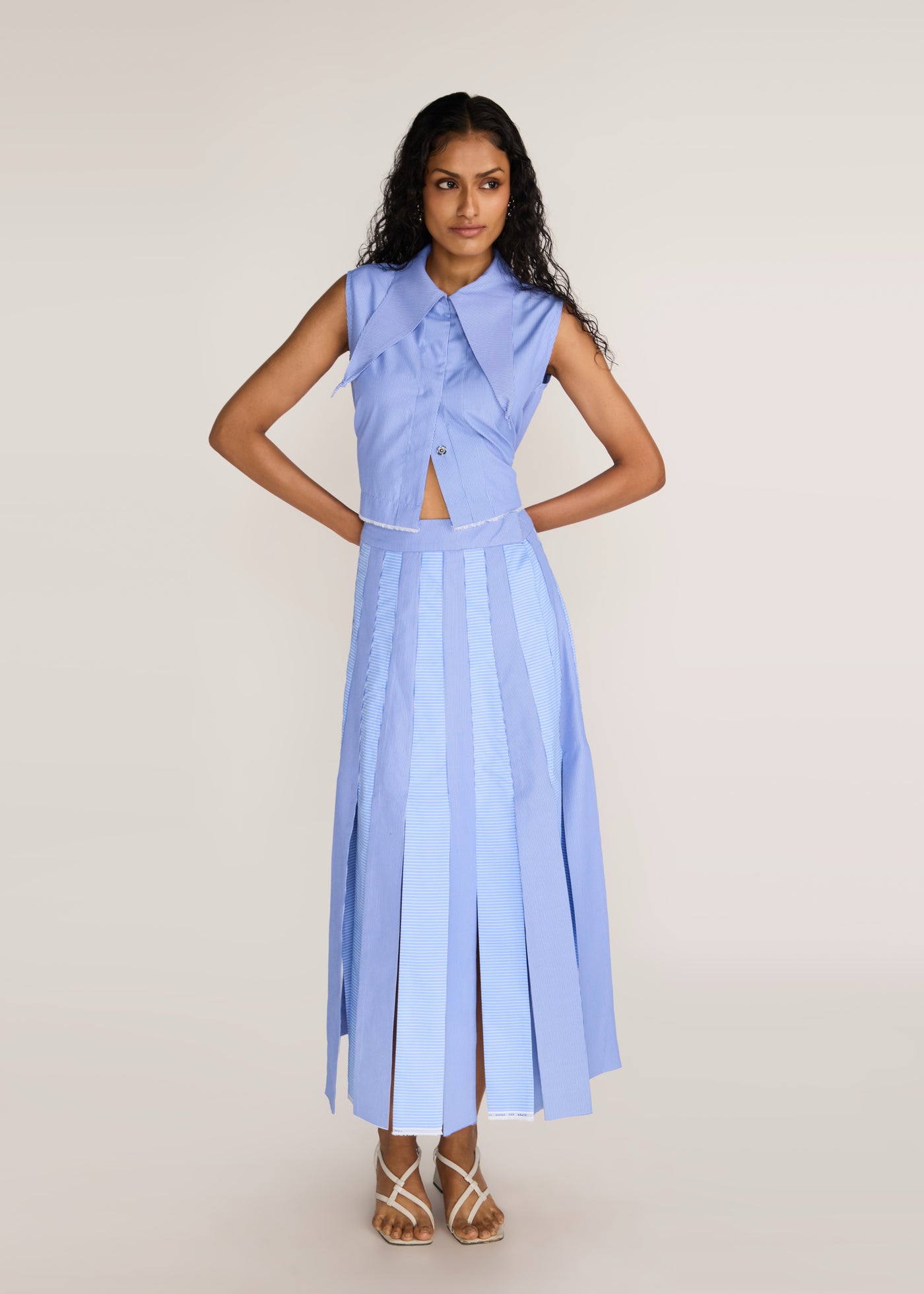 ROSANI The Congiunto skirt in dreamy blue - dreamy blue strip-joined striped skirt, front view