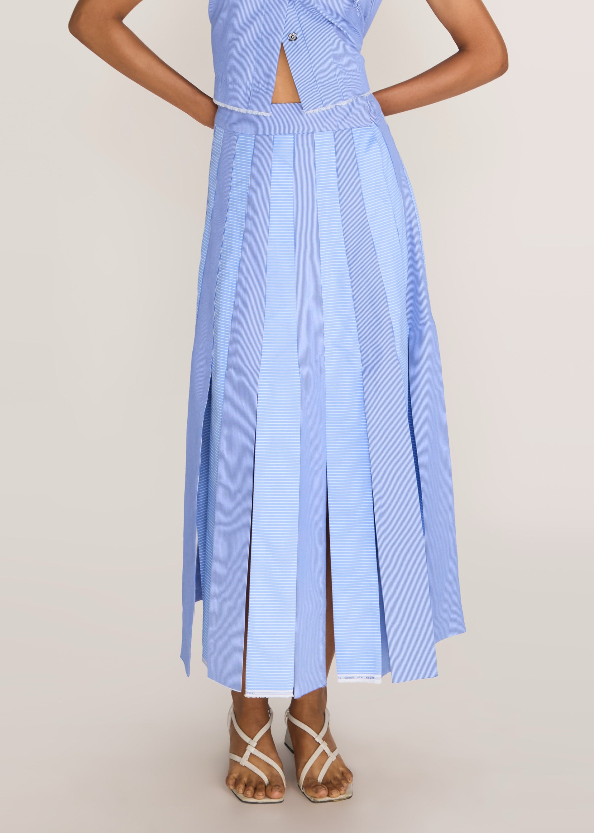 ROSANI The Congiunto skirt in dreamy blue - dreamy blue strip-joined striped skirt, front view