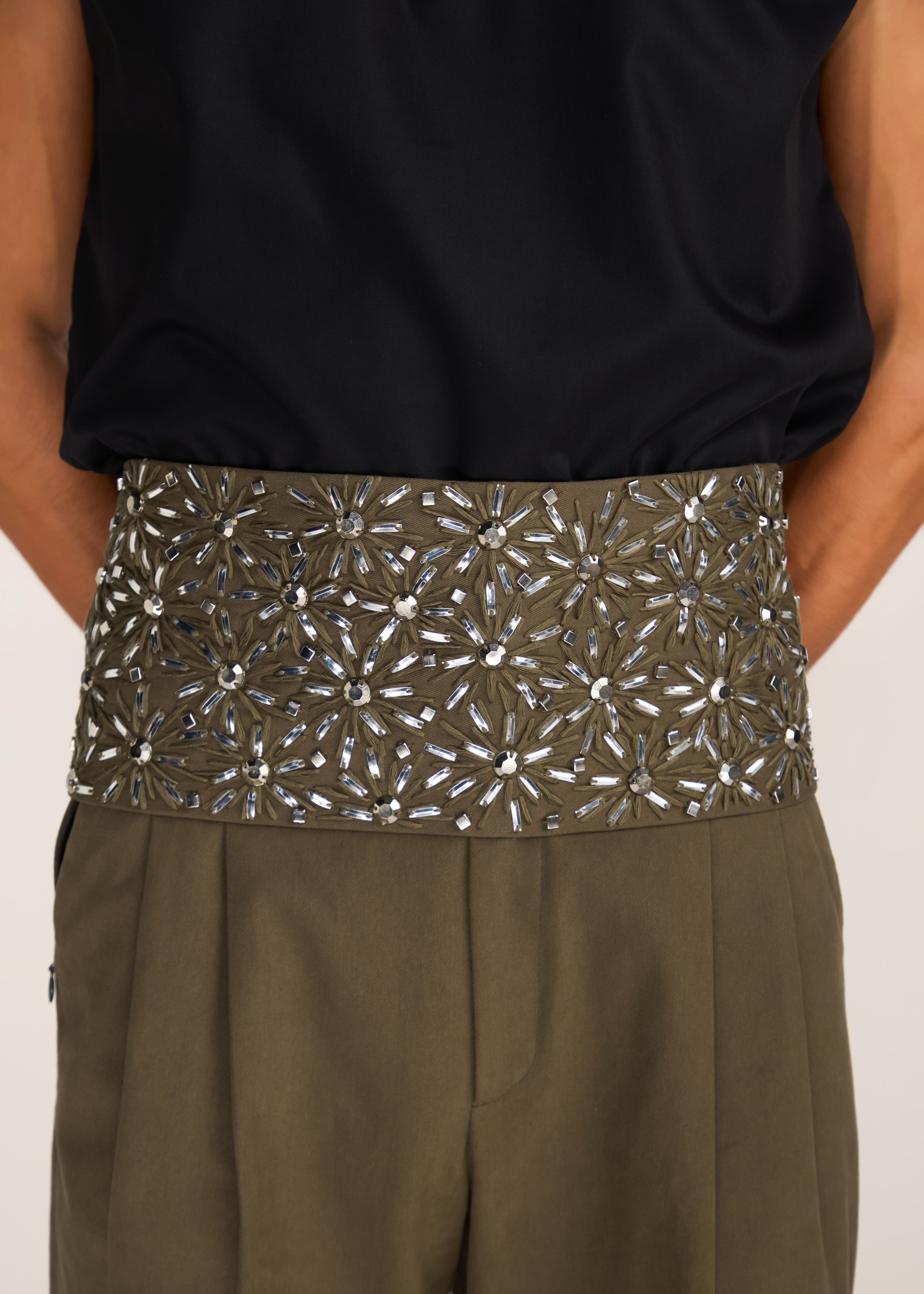 ROSANI The Congregatio cummerbund in deep olive - deep olive hand-embroidered cummerbund, craft detail