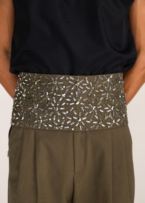 ROSANI The Congregatio cummerbund in deep olive - deep olive hand-embroidered cummerbund, craft detail