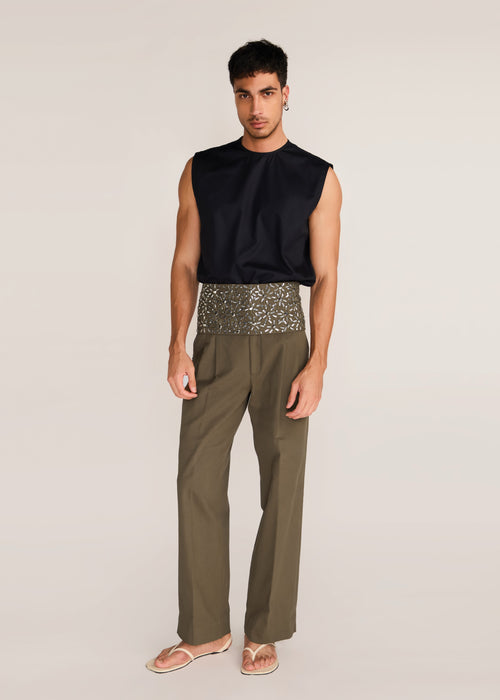 ROSANI The Congregatio cummerbund in deep olive - deep olive hand-embroidered cummerbund, front view