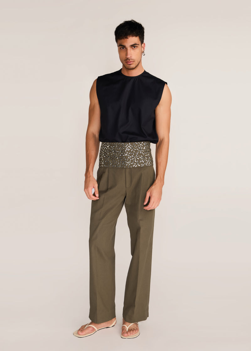 ROSANI The Congregatio cummerbund in deep olive - deep olive hand-embroidered cummerbund, front view
