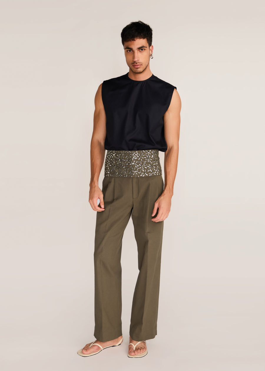ROSANI The Congregatio cummerbund in deep olive - deep olive hand-embroidered cummerbund, front view
