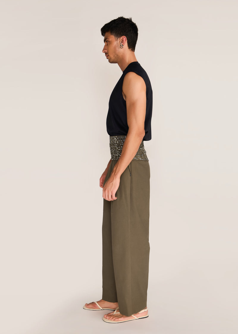 ROSANI The Congregatio cummerbund in deep olive - deep olive hand-embroidered cummerbund, side view
