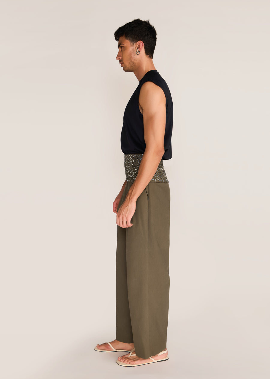 ROSANI The Congregatio cummerbund in deep olive - deep olive hand-embroidered cummerbund, side view