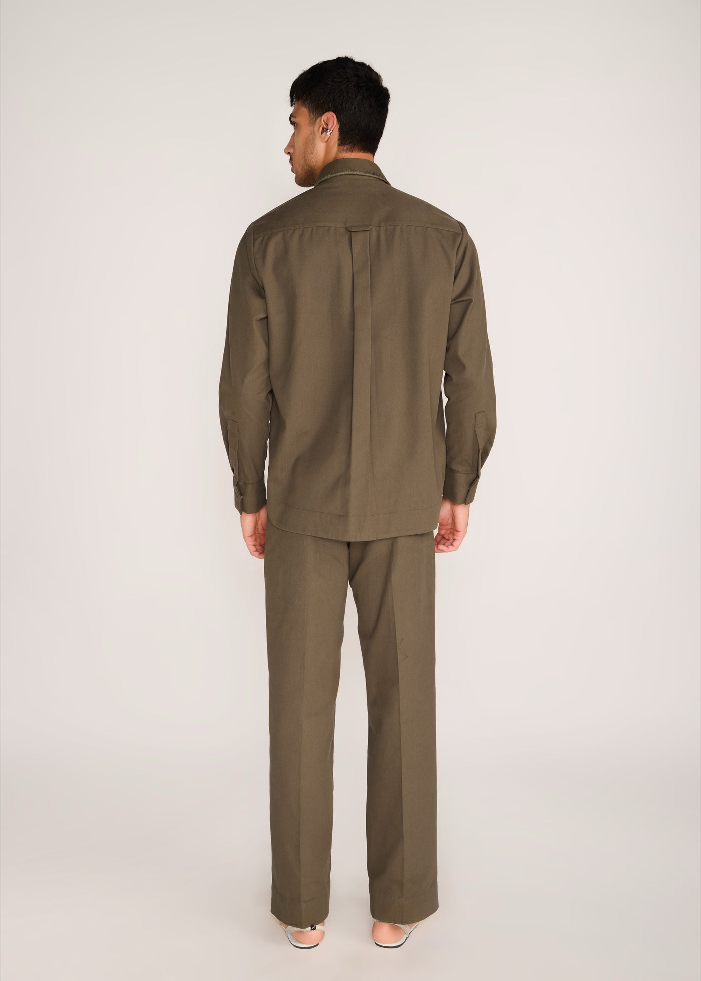 ROSANI The Connessione shirt in deep olive - deep olive shirt with hand-embroidered cutwork collar and pocket, back view