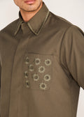 ROSANI The Connessione shirt in deep olive - deep olive shirt with hand-embroidered cutwork collar and pocket, craft detail
