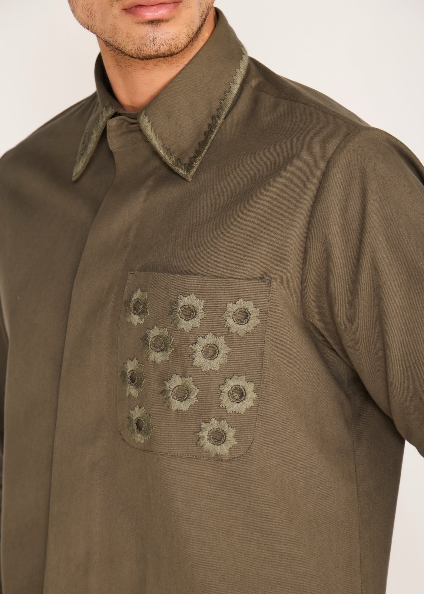 ROSANI The Connessione shirt in deep olive - deep olive shirt with hand-embroidered cutwork collar and pocket, craft detail
