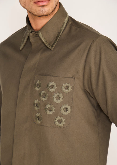 ROSANI The Connessione shirt in deep olive - deep olive shirt with hand-embroidered cutwork collar and pocket, craft detail