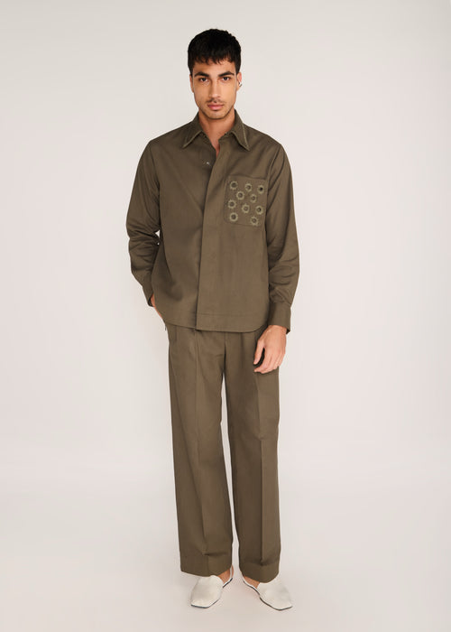 ROSANI The Connessione shirt in deep olive - deep olive shirt with hand-embroidered cutwork collar and pocket, front view