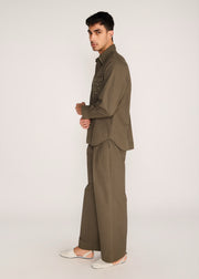 ROSANI The Connessione shirt in deep olive - deep olive shirt with hand-embroidered cutwork collar and pocket, side view