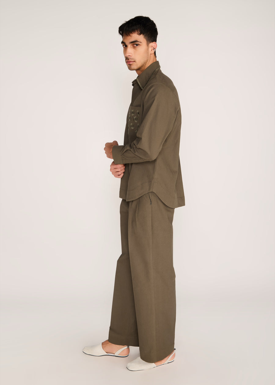 ROSANI The Connessione shirt in deep olive - deep olive shirt with hand-embroidered cutwork collar and pocket, side view