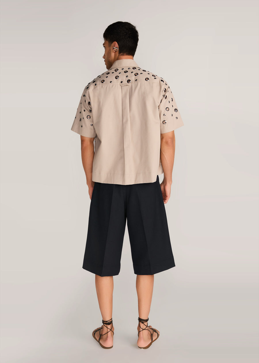 ROSANI The Convera shirt in sand dune - sand dune eyelet embroidered half-sleeve shirt, back view