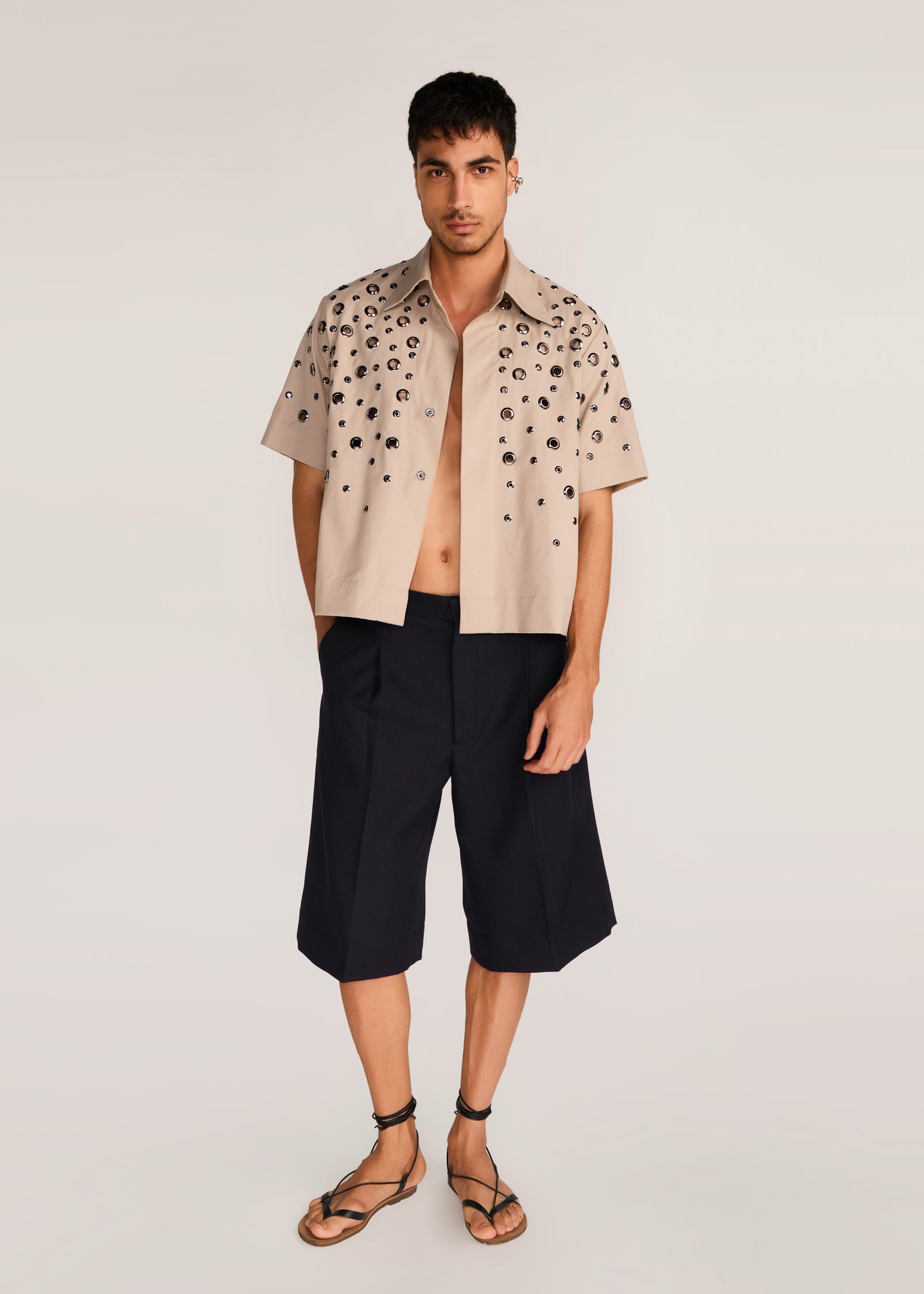 ROSANI The Convera shirt in sand dune - sand dune eyelet embroidered half-sleeve shirt, front view