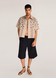 ROSANI The Convera shirt in sand dune - sand dune eyelet embroidered half-sleeve shirt, front view