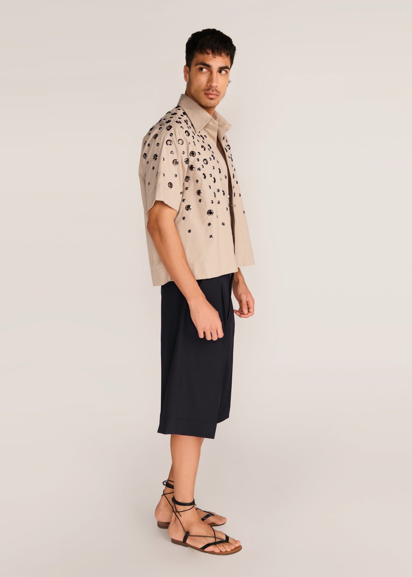 ROSANI The Convera shirt in sand dune - sand dune eyelet embroidered half-sleeve shirt, side view