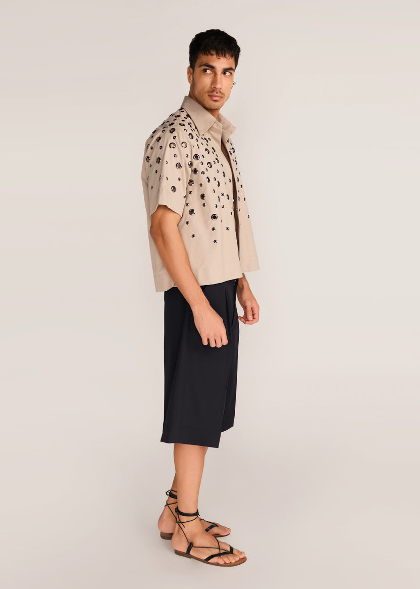 ROSANI The Convera shirt in sand dune - sand dune eyelet embroidered half-sleeve shirt, side view