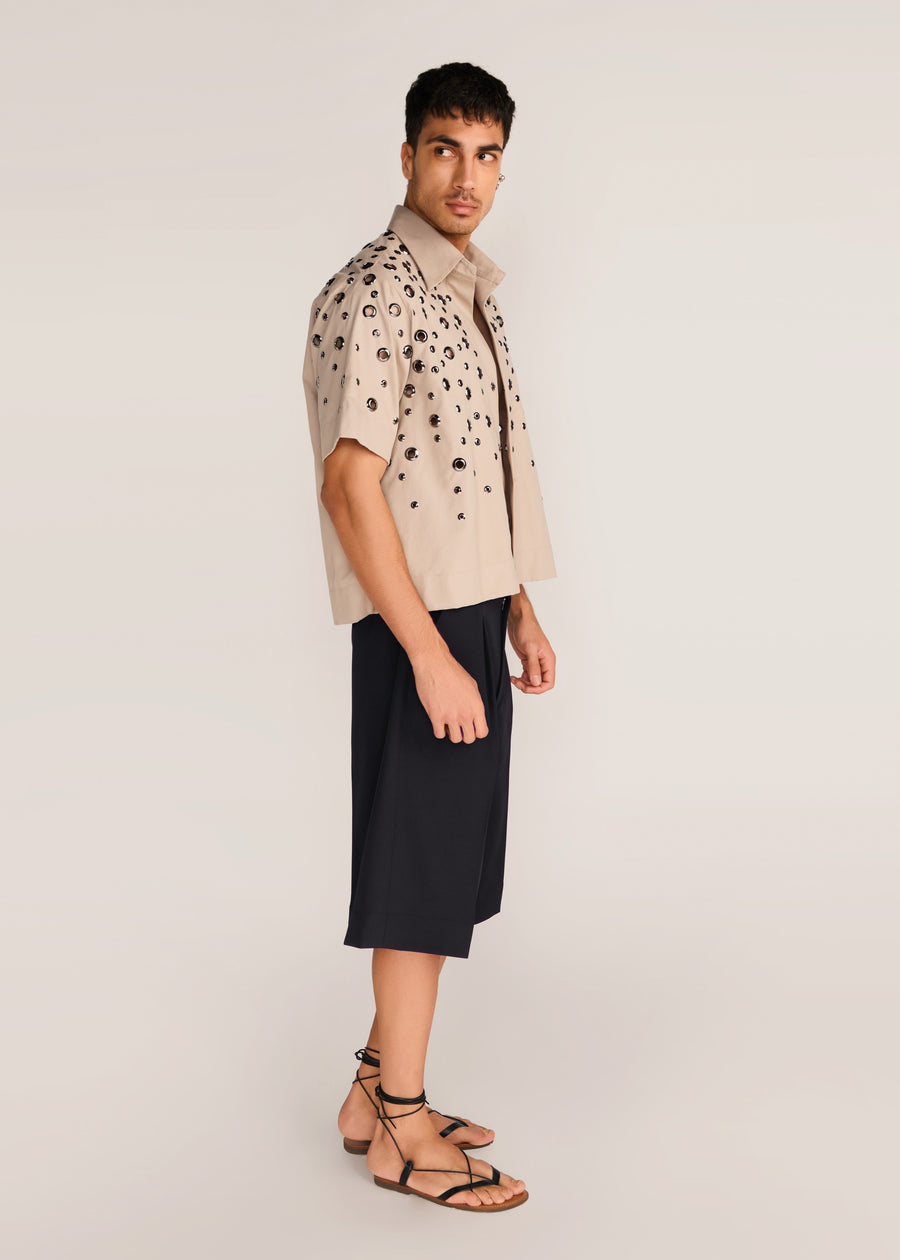 ROSANI The Convera shirt in sand dune - sand dune eyelet embroidered half-sleeve shirt, side view