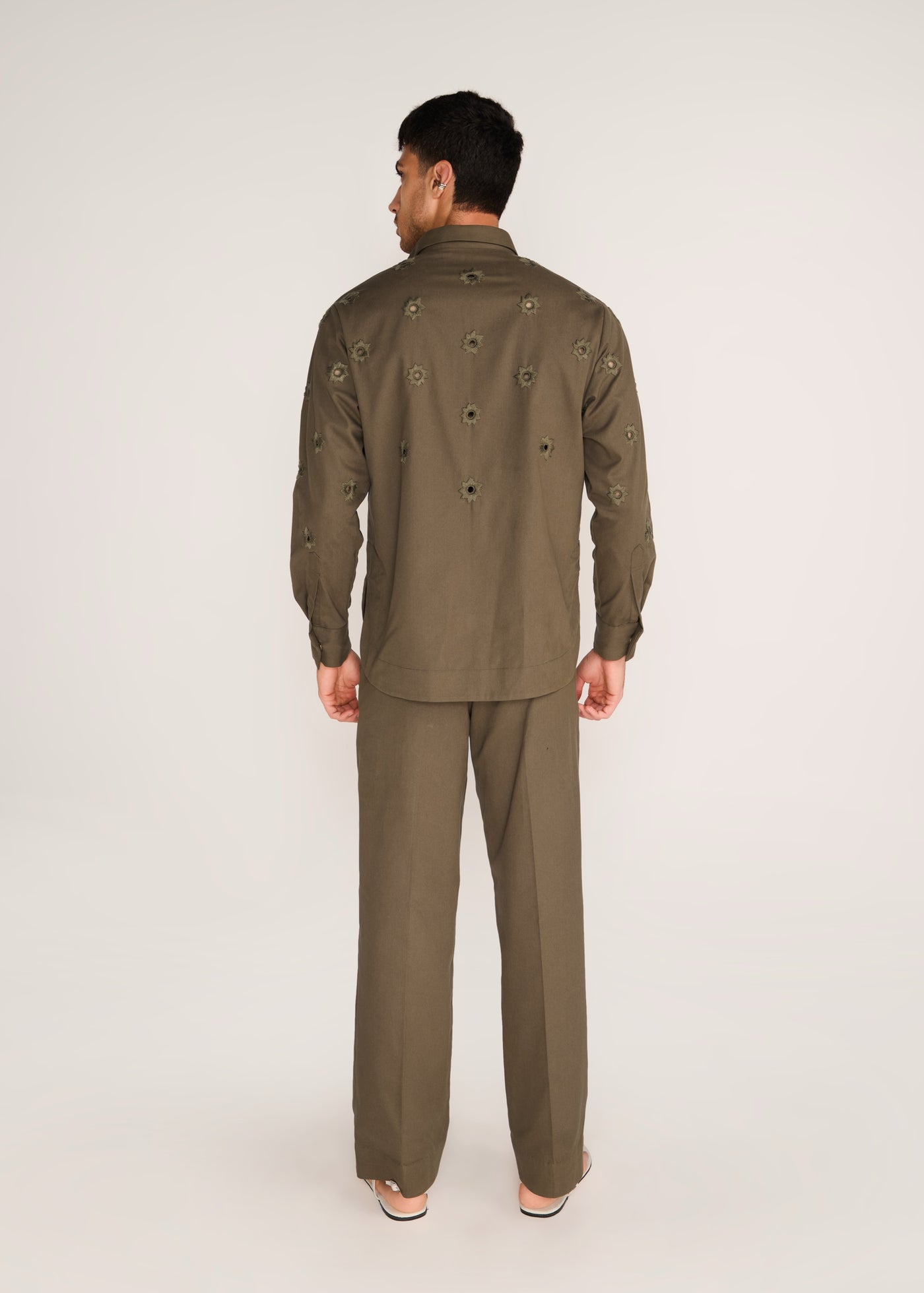 ROSANI The Convergencia shirt in deep olive - deep olive tonal cutwork hand-embroidered shirt, back view, alternate angle
