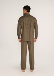 ROSANI The Convergencia shirt in deep olive - deep olive tonal cutwork hand-embroidered shirt, back view, alternate angle