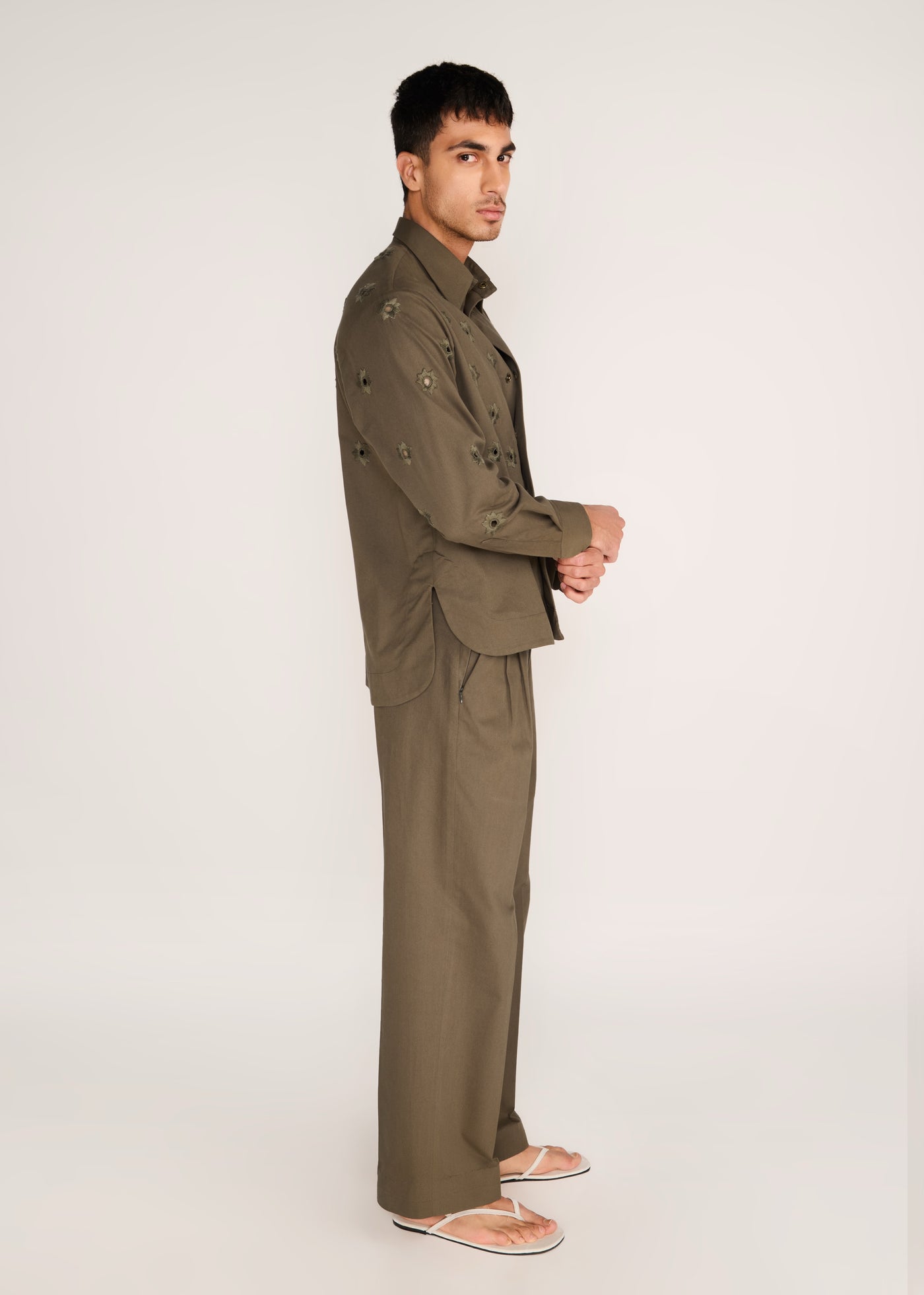ROSANI The Convergencia shirt in deep olive - deep olive tonal cutwork hand-embroidered shirt, back view