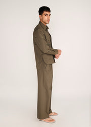 ROSANI The Convergencia shirt in deep olive - deep olive tonal cutwork hand-embroidered shirt, back view