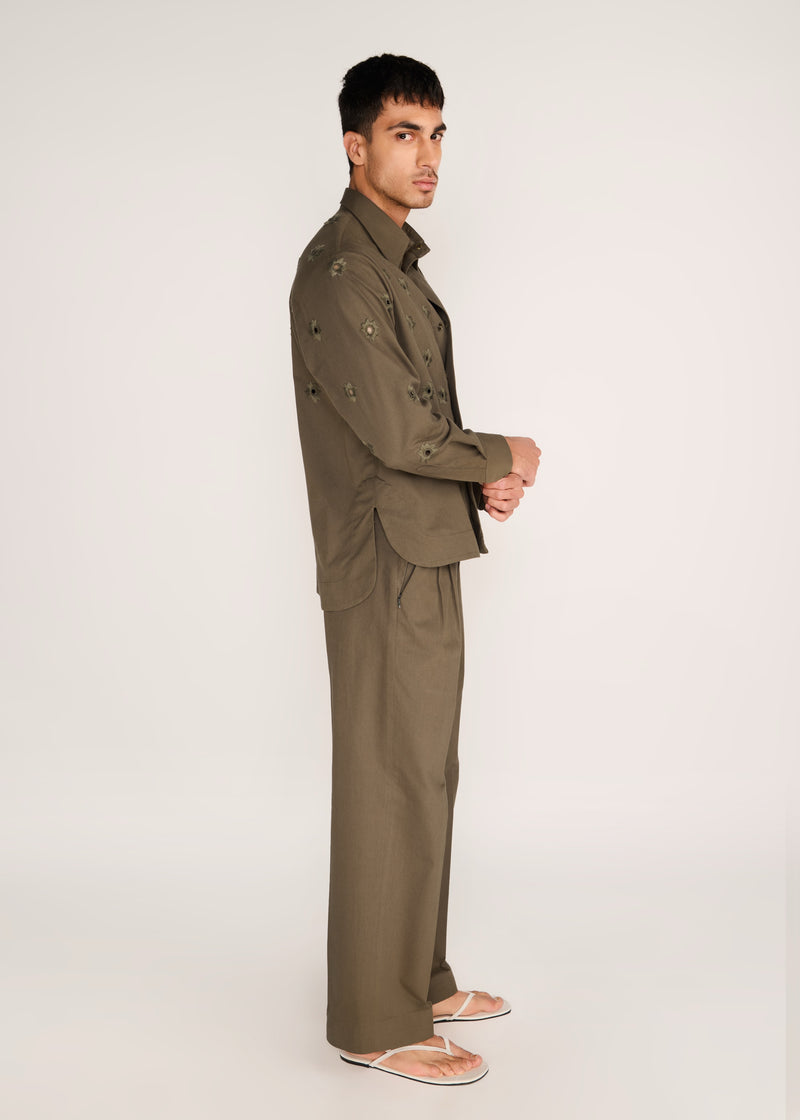 ROSANI The Convergencia shirt in deep olive - deep olive tonal cutwork hand-embroidered shirt, back view