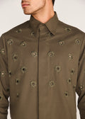 ROSANI The Convergencia shirt in deep olive - deep olive tonal cutwork hand-embroidered shirt, craft detail