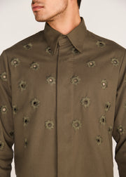 ROSANI The Convergencia shirt in deep olive - deep olive tonal cutwork hand-embroidered shirt, craft detail