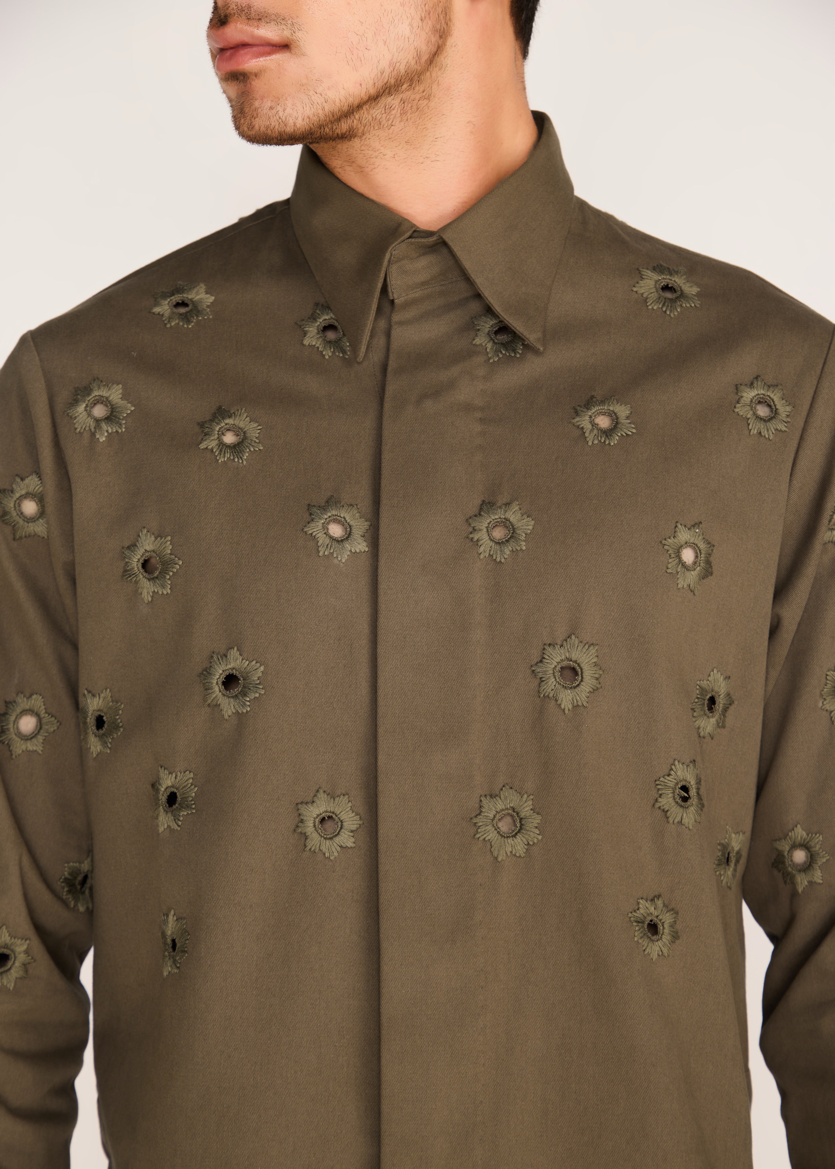 ROSANI The Convergencia shirt in deep olive - deep olive tonal cutwork hand-embroidered shirt, craft detail