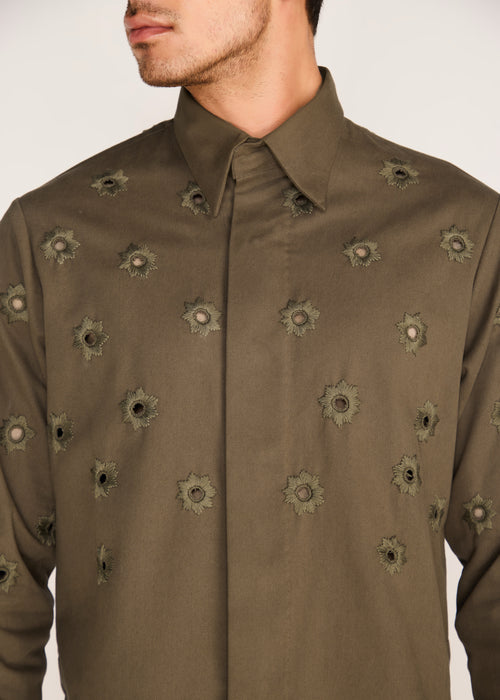 ROSANI The Convergencia shirt in deep olive - deep olive tonal cutwork hand-embroidered shirt, craft detail