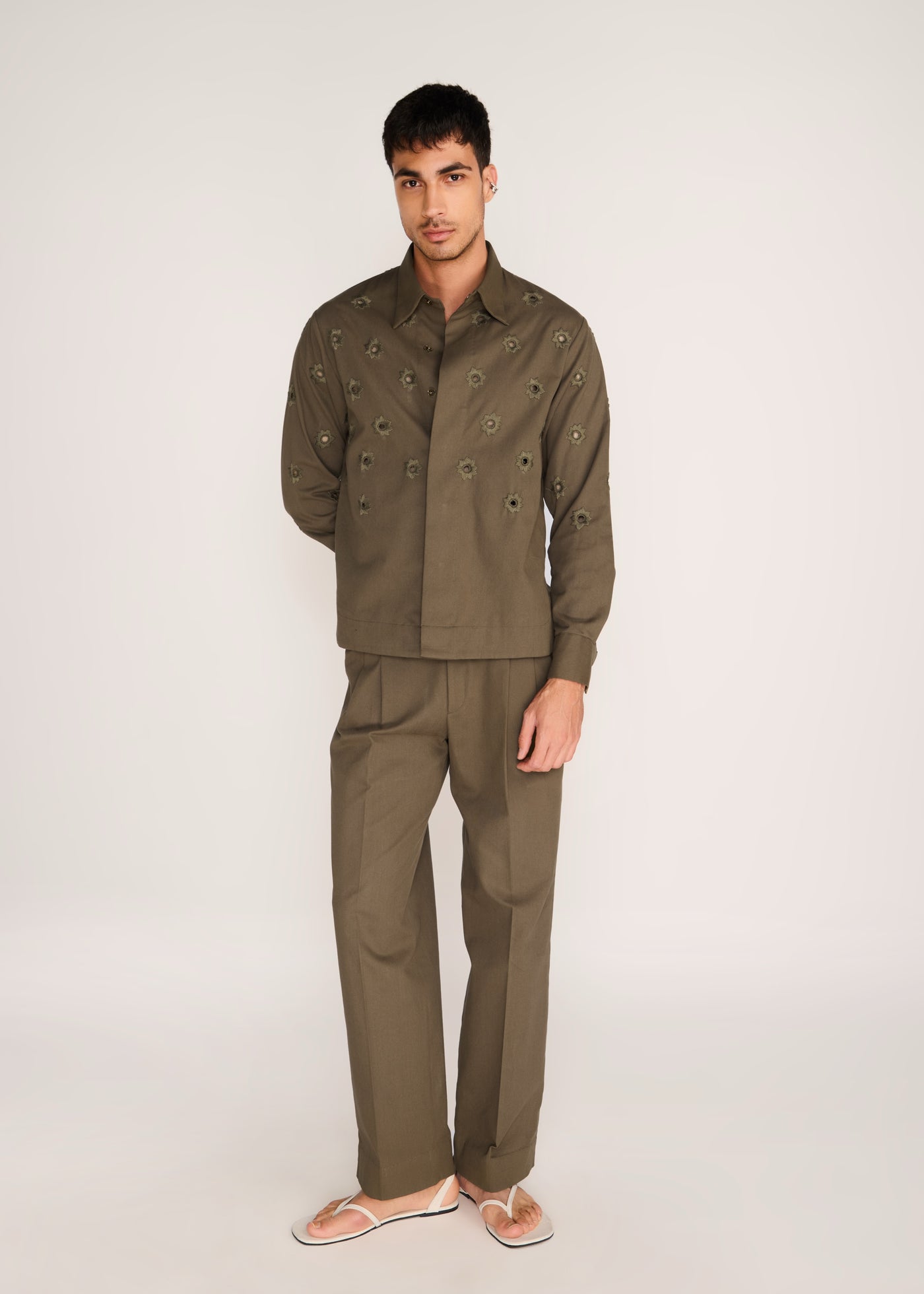 ROSANI The Convergencia shirt in deep olive - deep olive tonal cutwork hand-embroidered shirt, front view, alternate angle