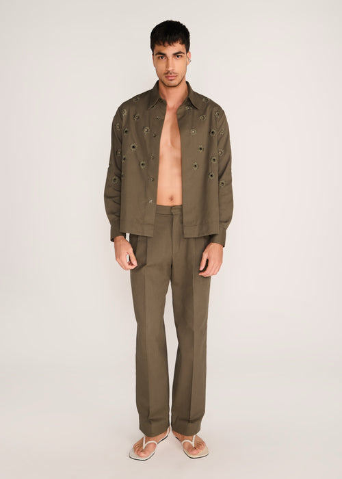 ROSANI The Convergencia shirt in deep olive - deep olive tonal cutwork hand-embroidered shirt, front view
