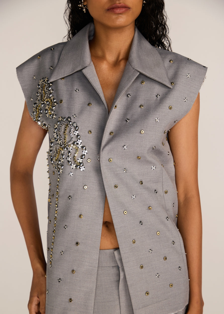 ROSANI The Converia vest in steel - steel metallic open-stitch embroidered tailored vest, craft detail