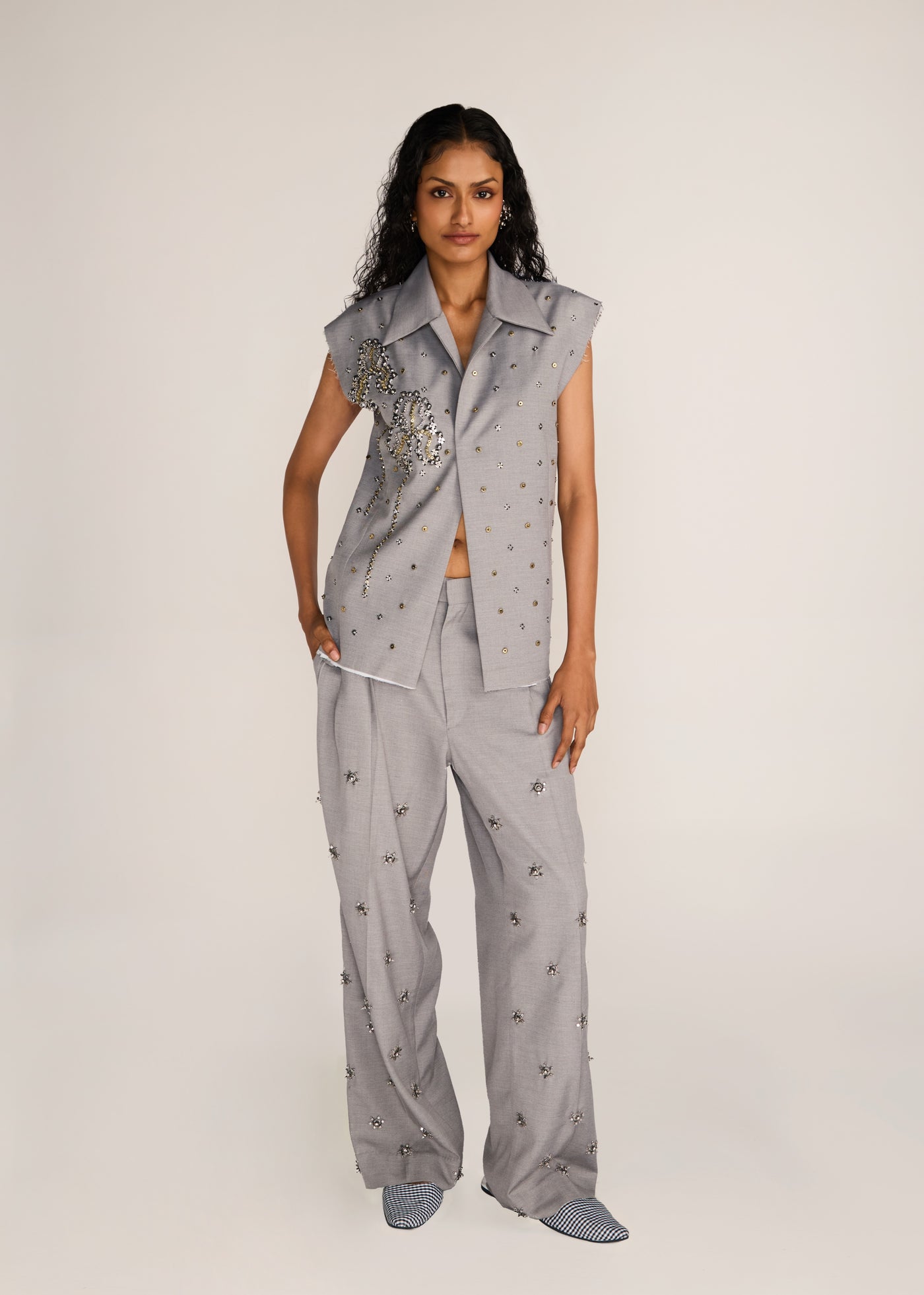 ROSANI The Converia vest in steel - steel metallic open-stitch embroidered tailored vest, front view