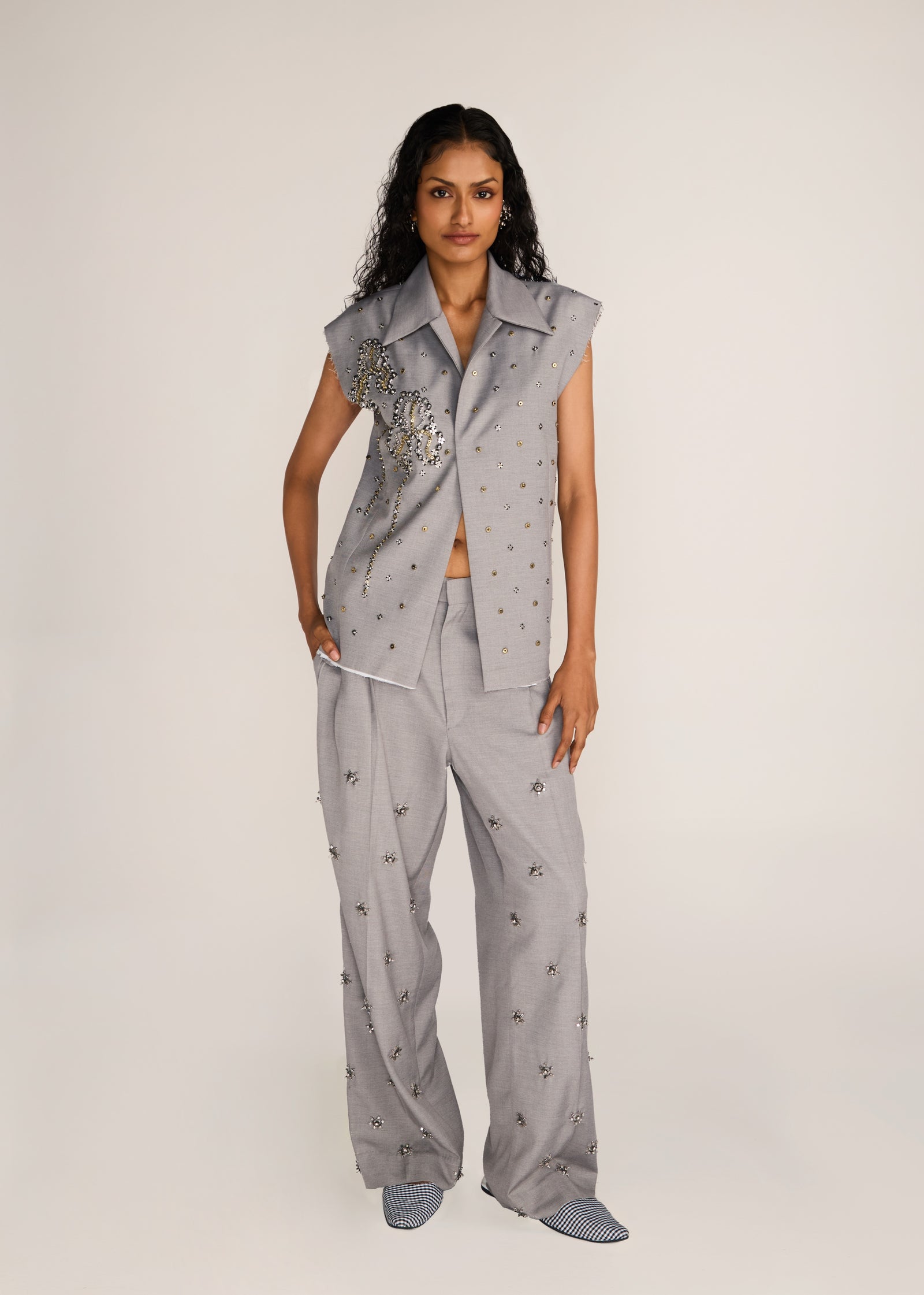 ROSANI The Converia vest in steel - steel metallic open-stitch embroidered tailored vest, front view