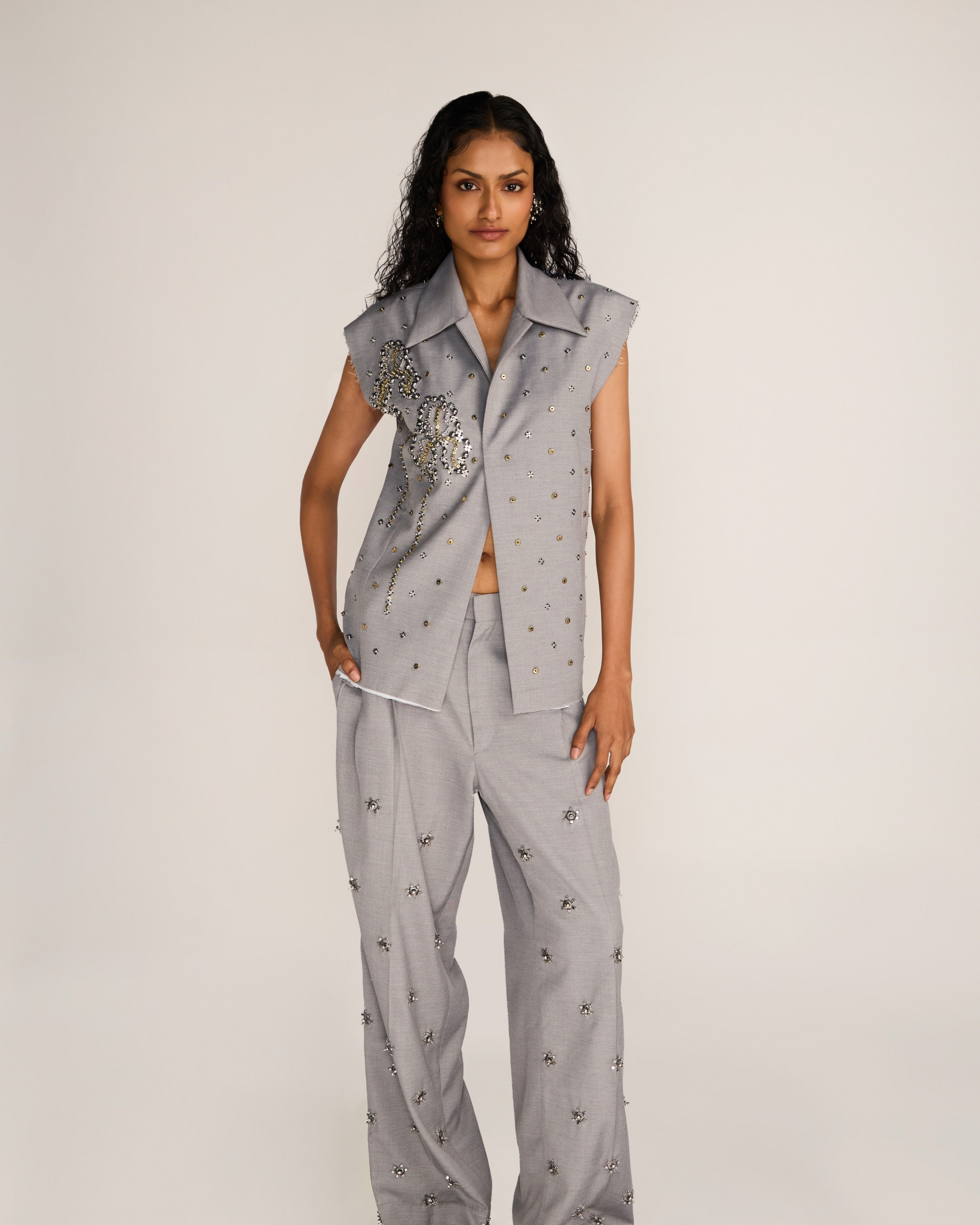 ROSANI The Converia vest in steel - steel metallic open-stitch embroidered tailored vest, front view