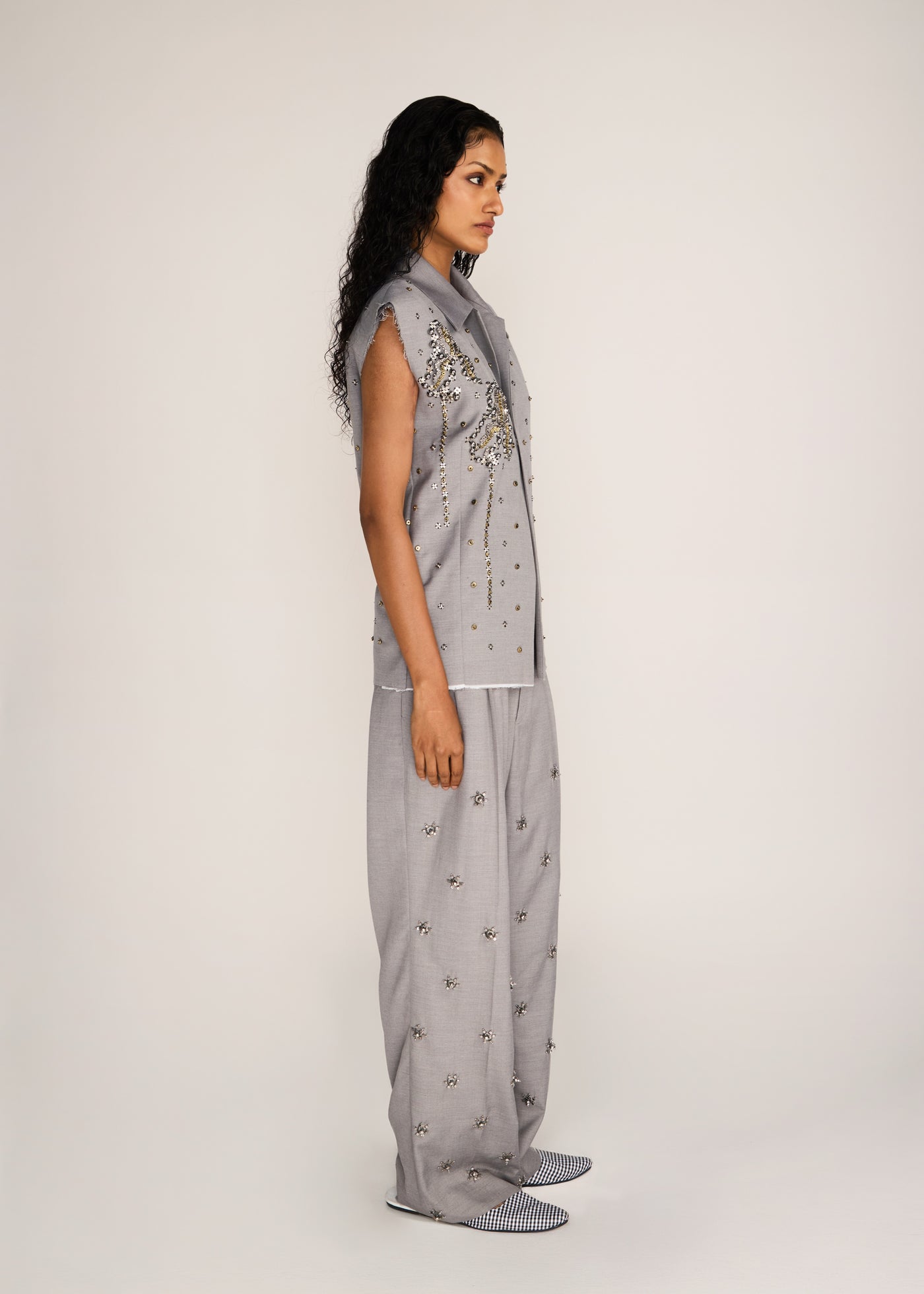 ROSANI The Converia vest in steel - steel metallic open-stitch embroidered tailored vest, side view