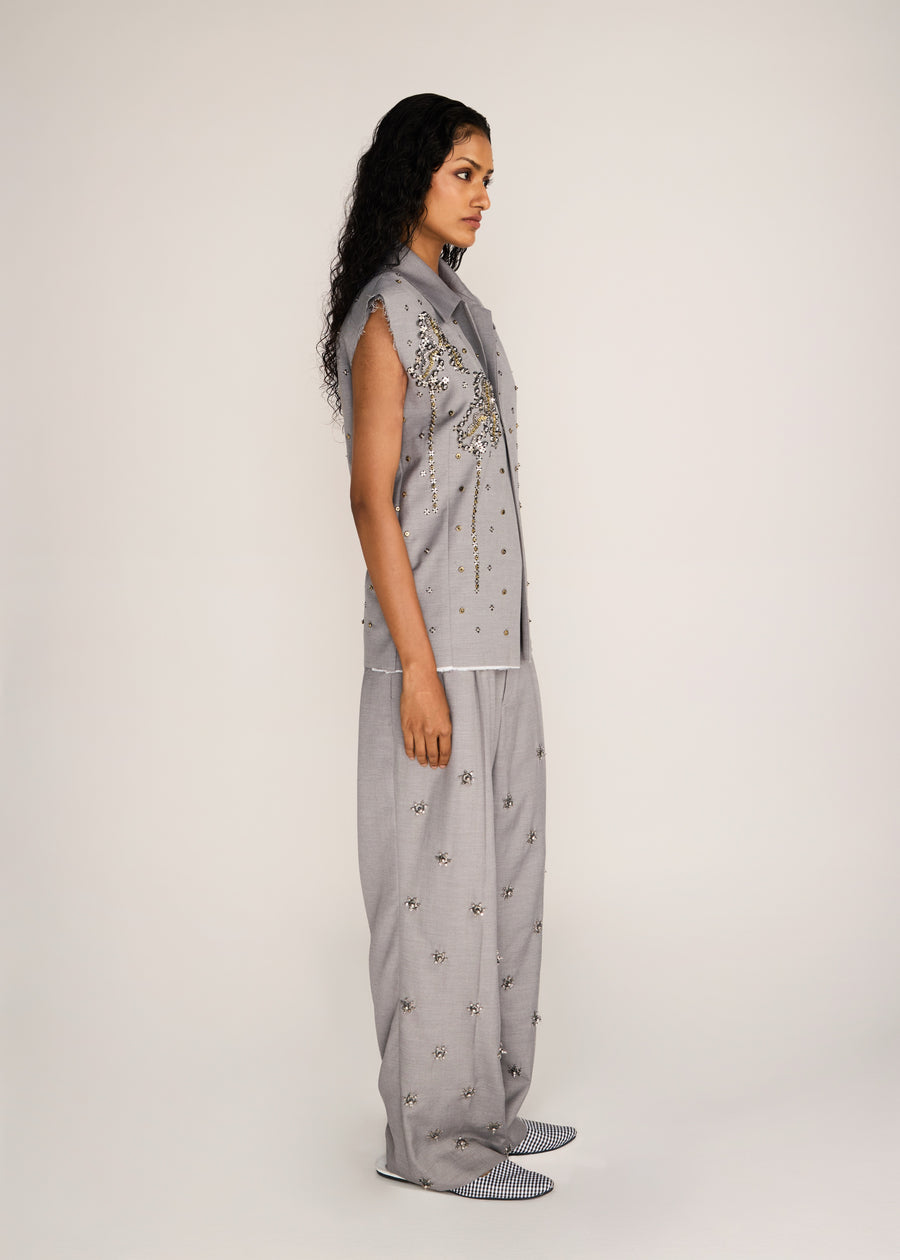 ROSANI The Converia vest in steel - steel metallic open-stitch embroidered tailored vest, side view